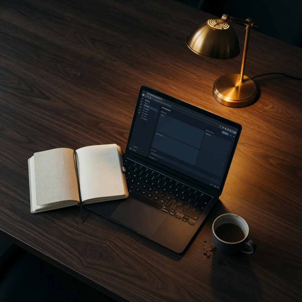 Mesa de trabajo con un portátil, un cuaderno abierto y una lámpara